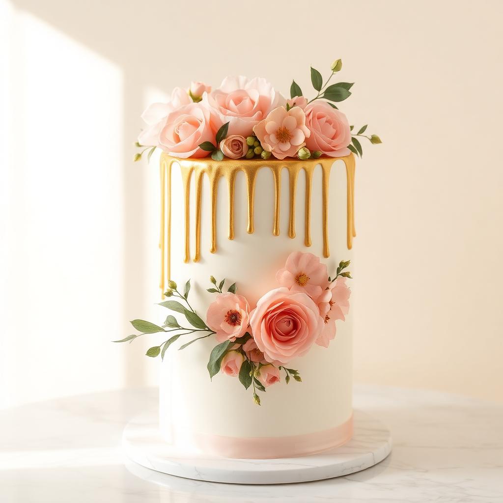Bespoke white cake with hand-painted blush florals and a gold drip