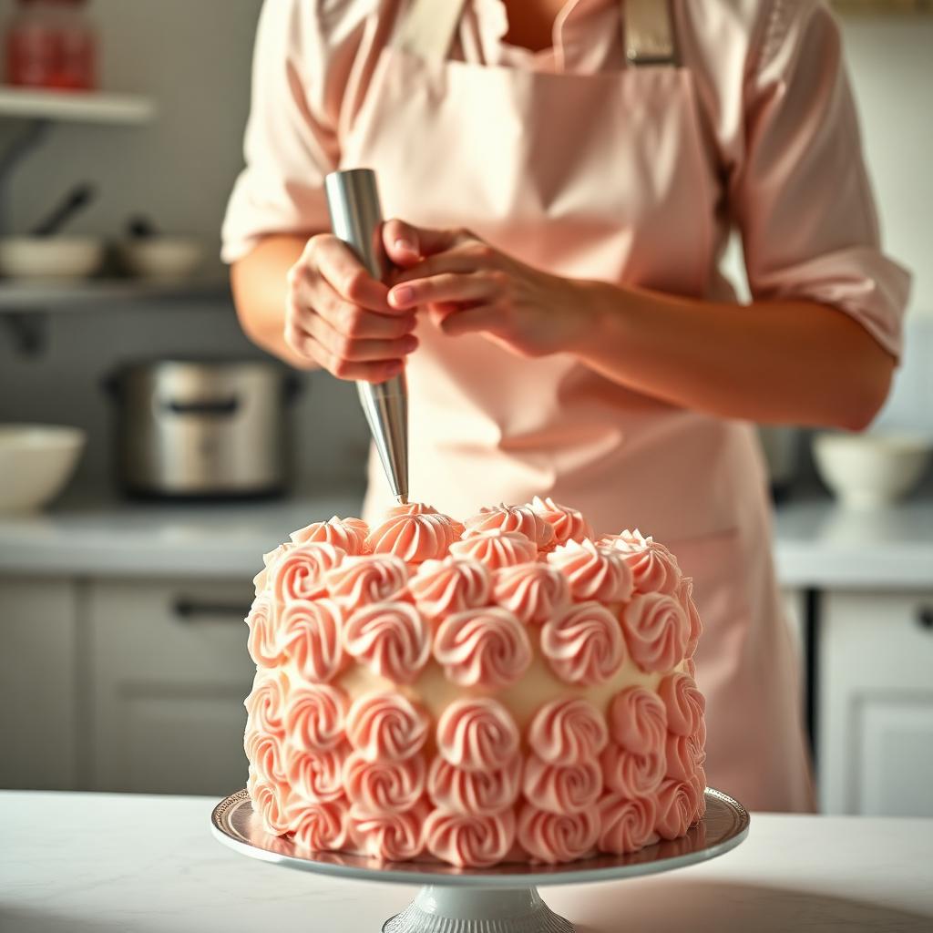 Baker piping blush buttercream rosettes onto a cake at Rose Delight